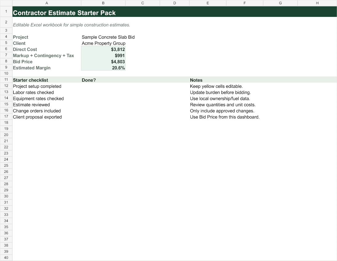 Dashboard sheet preview from the contractor estimate starter pack