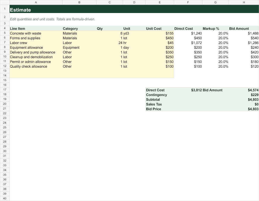 Estimate sheet preview from the contractor estimate starter pack